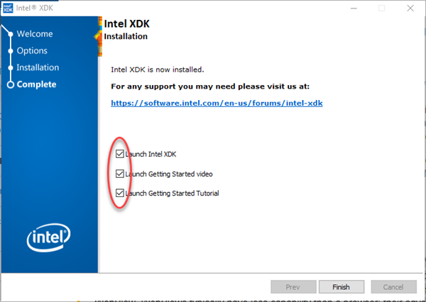 Intel XDK Installeren afsluiten